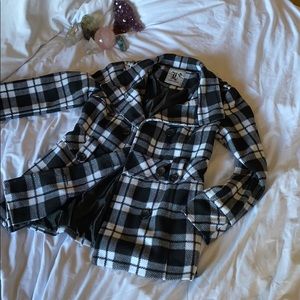 Black and white plaid pea coat